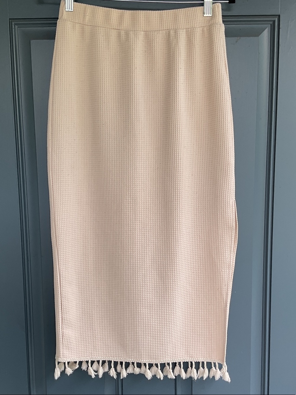 Beige Knit Pencil Skirt with Fringe Hem, Size M